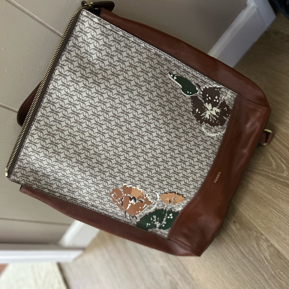 Fossil Brown and Cream Backpack with Floral Accents